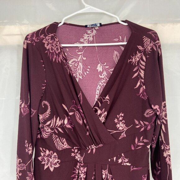 Chaps Women XL Floral Faux Wrap Dress Knee Length V Neck Burgundy Half Sleeve - Picture 2 of 10